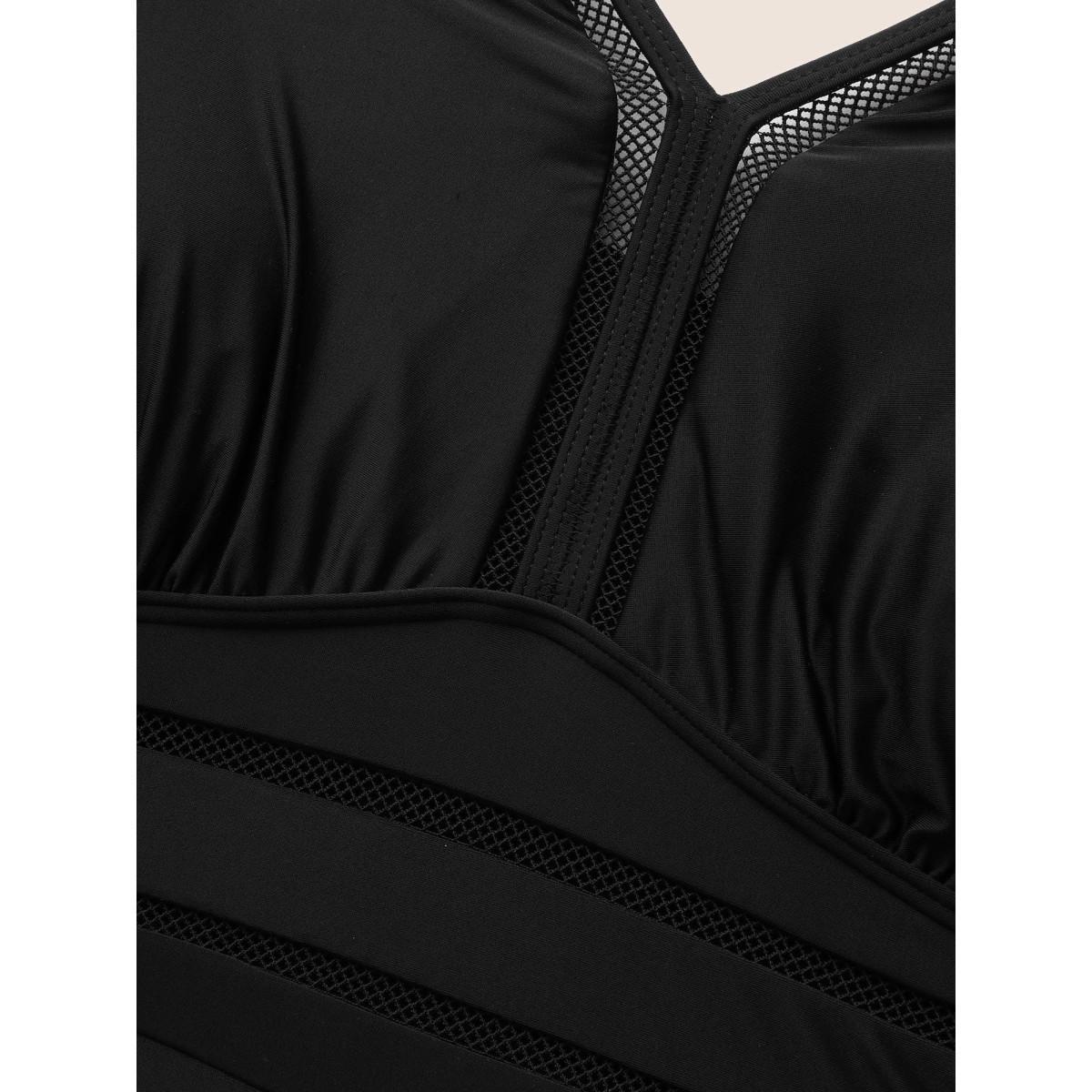 Plus Size V Neck Patchwork Mesh Gathered One Piece Swimsuit Women's Swimwear Black Beach Woven ribbon&lace trim Curve Bathing Suits High stretch One Pieces BloomChic 22-24/3X Product Image