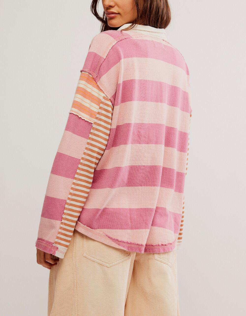 FREE PEOPLE Aster Womens Oversized Stripe Long Sleeve Polo Shirt - PINK COMBO Product Image