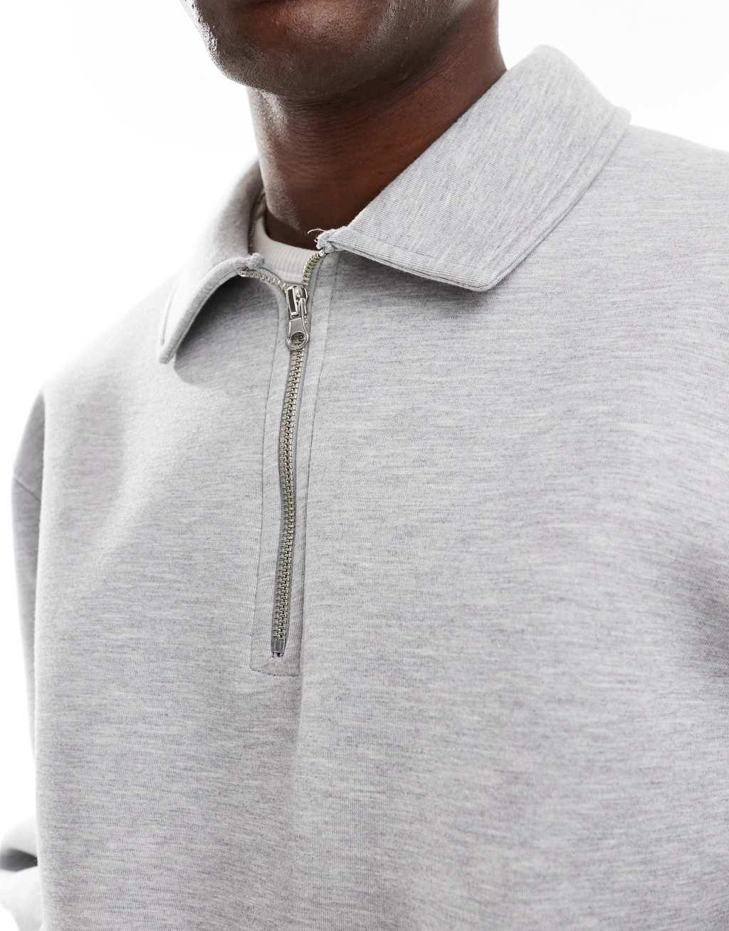 ASOS DESIGN heavyweight boxy scuba sweatshirt with zip collar in gray Product Image
