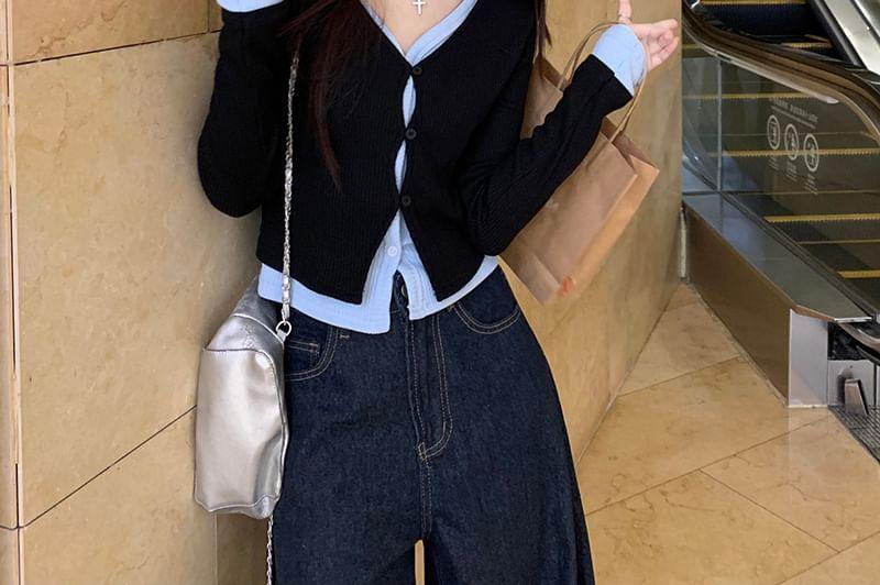 Mock Two-Piece V-Neck Two Tone Cardigan Product Image