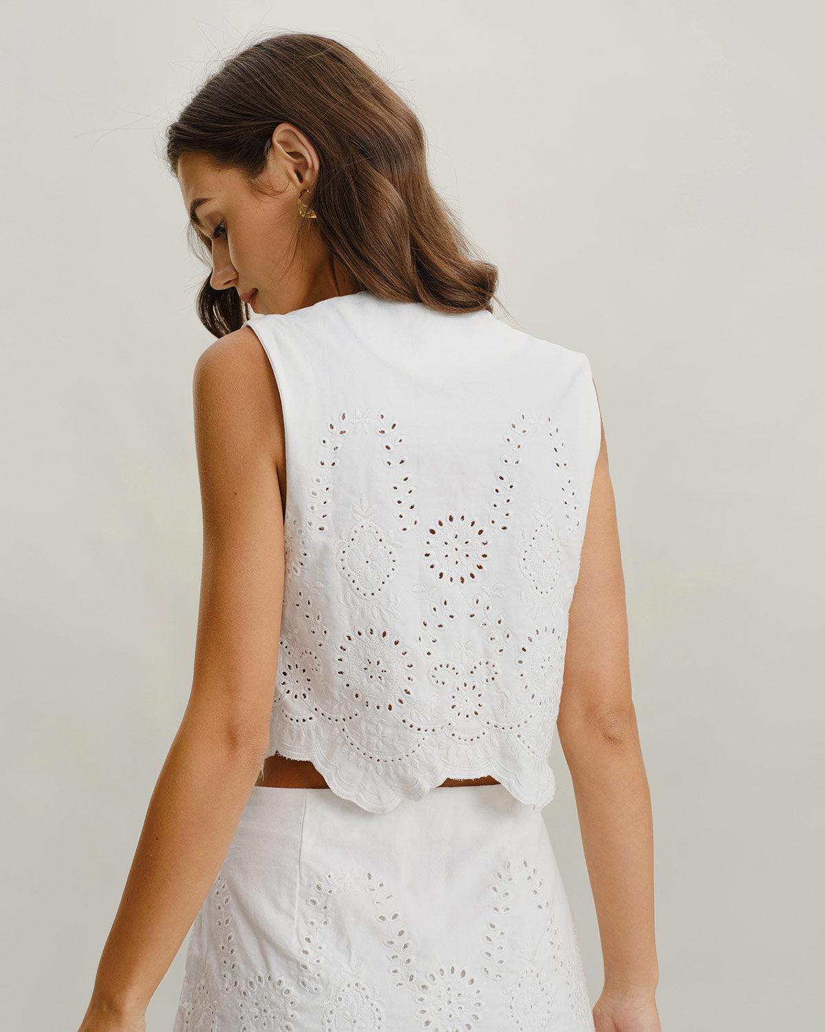 White Jacquard Single Breasted Vests Product Image