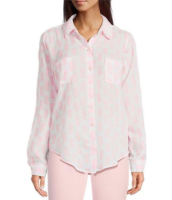 Lilly Pulitzer Sea View Slice Of Sunshine Pineapple Fruit Print Linen Point Collar Long Sleeve Button Down Shirt Product Image
