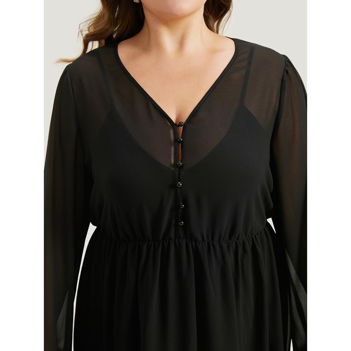 Plus Size Halloween Patchwork Chiffon Mesh Button Up Fuzzy Trim Dress Black Women Elegant Plain V-neck Long Sleeve Curvy Midi Dress BloomChic 22-24/3X Product Image
