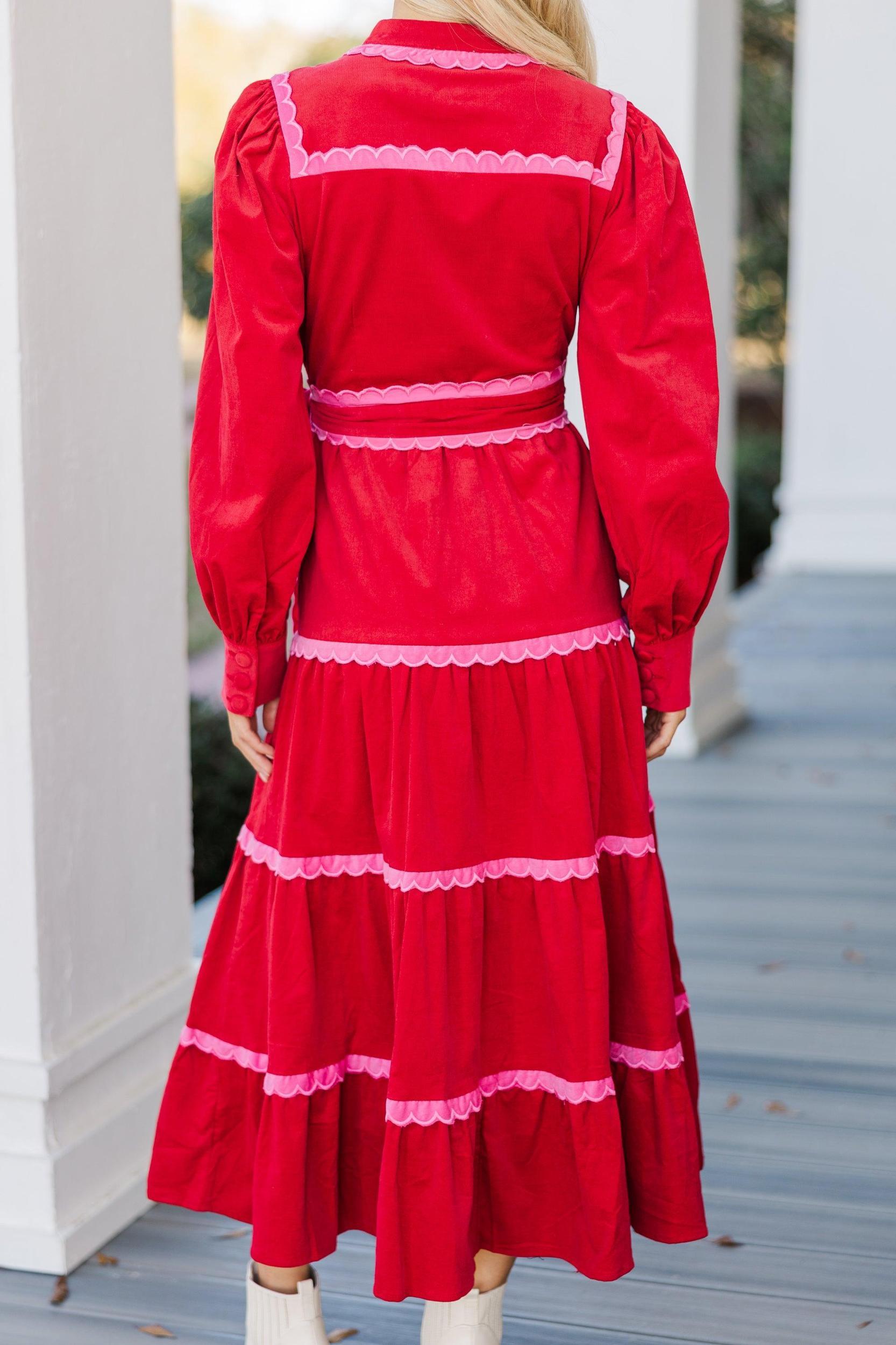 So In Love Red Scalloped Midi Dress Female Product Image