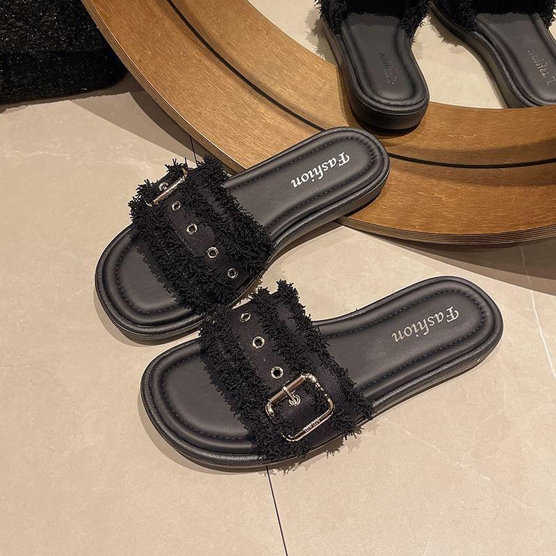 Buckled Fringed Trim Slide Sandals Product Image