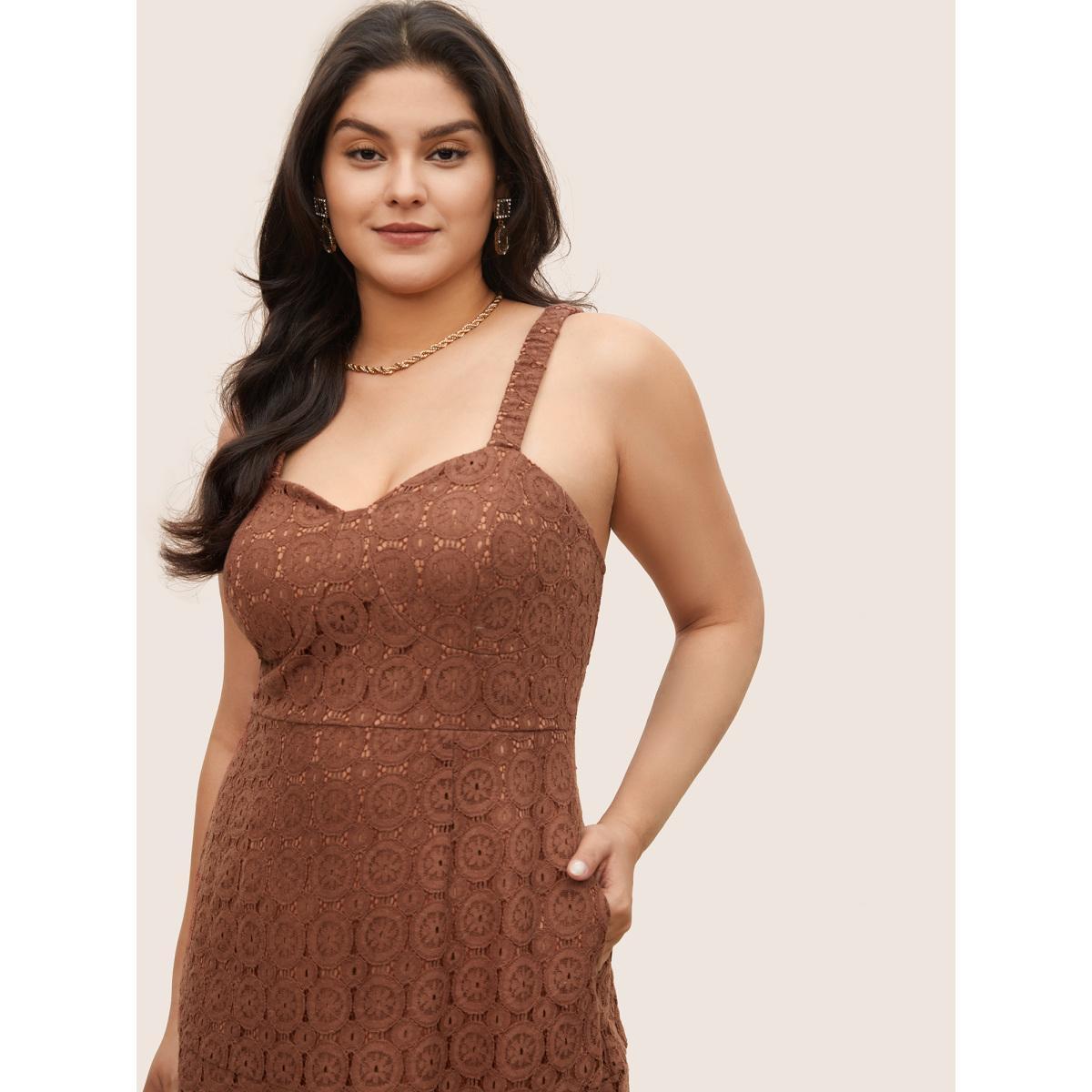 Plus Size Solid Lace Geometric Hollow Out Cami Dress Burgundy Women Cocktail Non V-neck Sleeveless Curvy Midi Dress BloomChic 18-20/2X Product Image