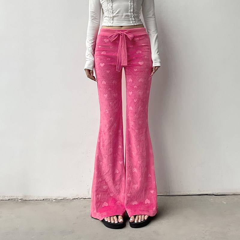 Low Waist Heart Print Velvet Straight-Fit Wide-Leg Pants Product Image