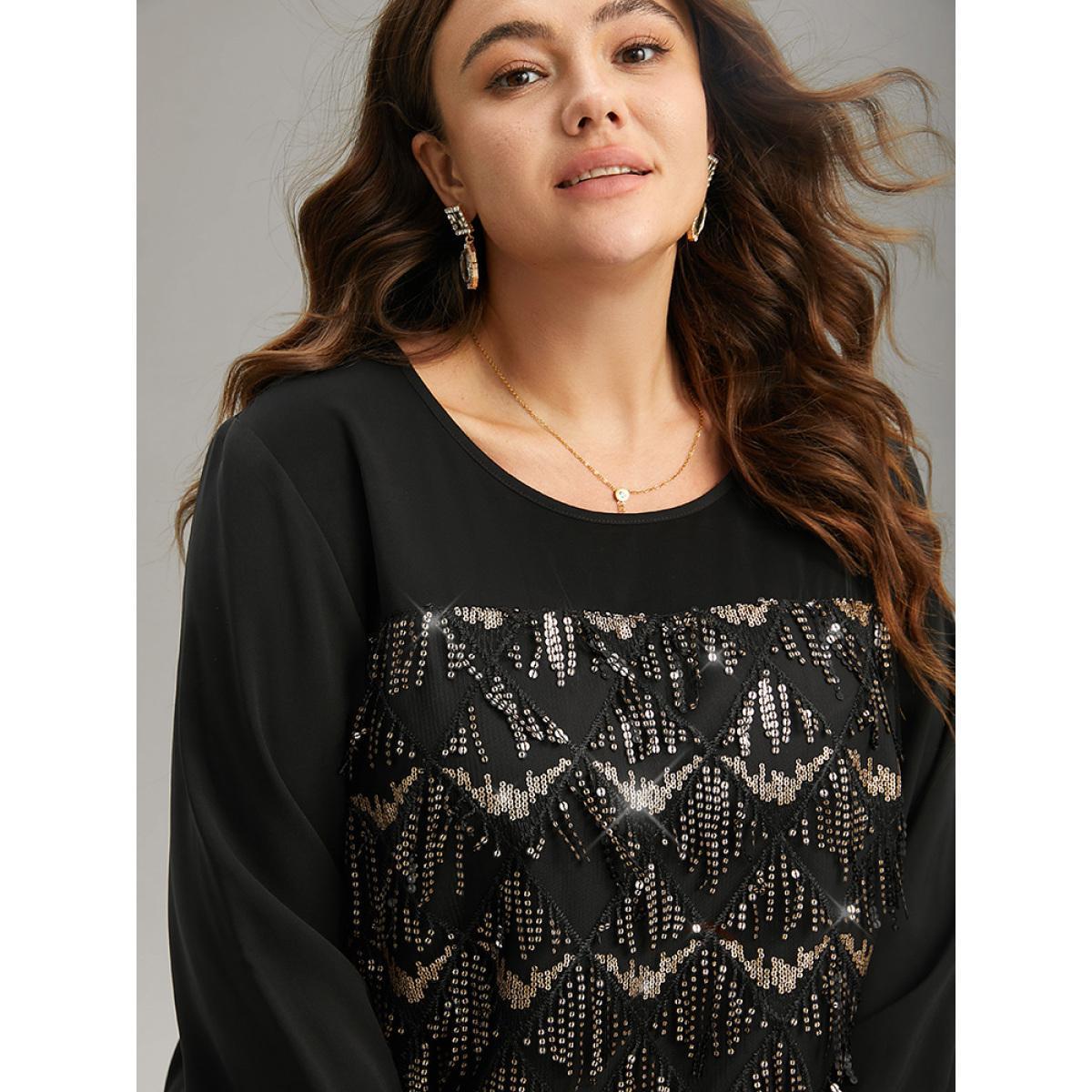 Plus Size Black Sequin Tassel Trim Patchwork Lantern Sleeve Blouse Women Glamour Long Sleeve Round Neck Party Blouses BloomChic 18-20/2X Product Image