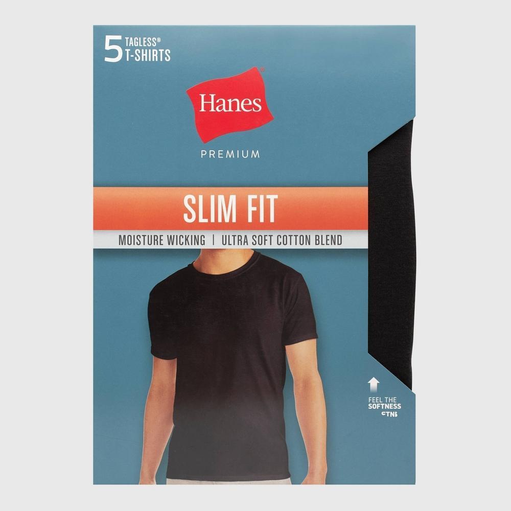 Hanes Men's Premium 5pk Slim Fit Crew Neck T-Shirt - Black L: Lightweight Cotton-Polyester Blend, Tagless, Short Sleeve Product Image
