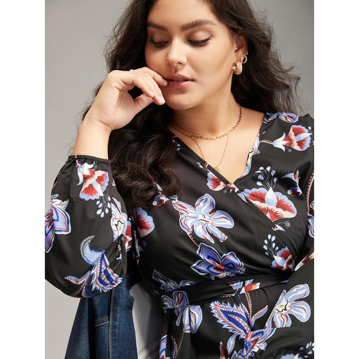 Plus Size Floral Print Elastic Cuffs Belted Dress Black Women Elegant Elastic cuffs V-neck Long Sleeve Curvy Midi Dress BloomChic 14-16/1X Product Image