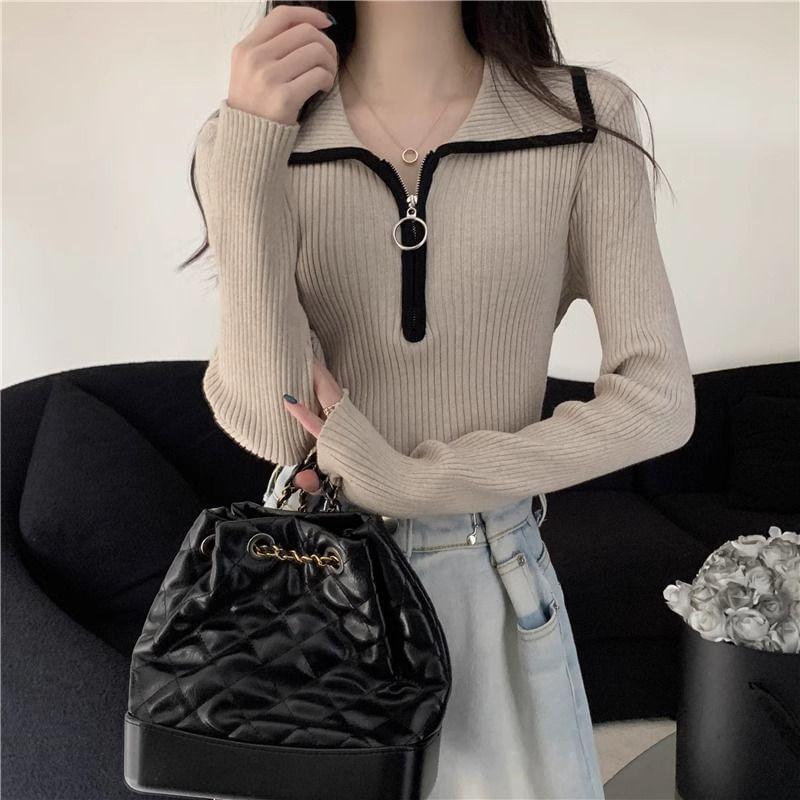 Long Sleeve Half-Zip Contrast-Trim Ribbed-Knit Slim-Fit Top Product Image