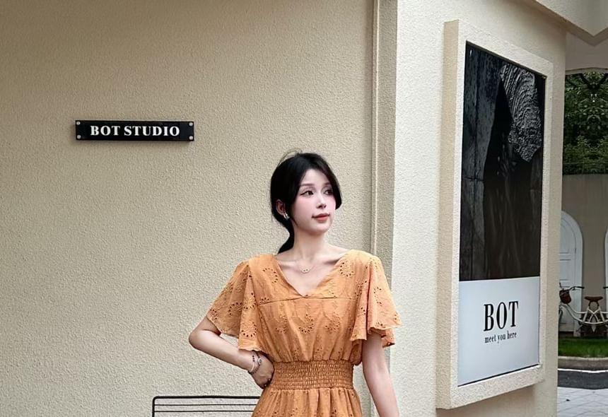 Short-Sleeve V-Neck Flower Embroidered Midi A-Line Dress Product Image