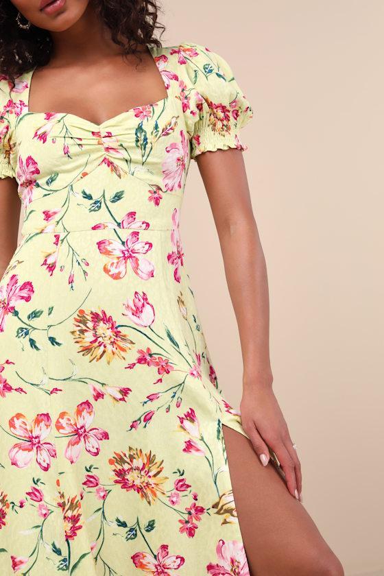 Parisian Picnic Green Floral Jacquard Puff Sleeve Midi Dress Product Image