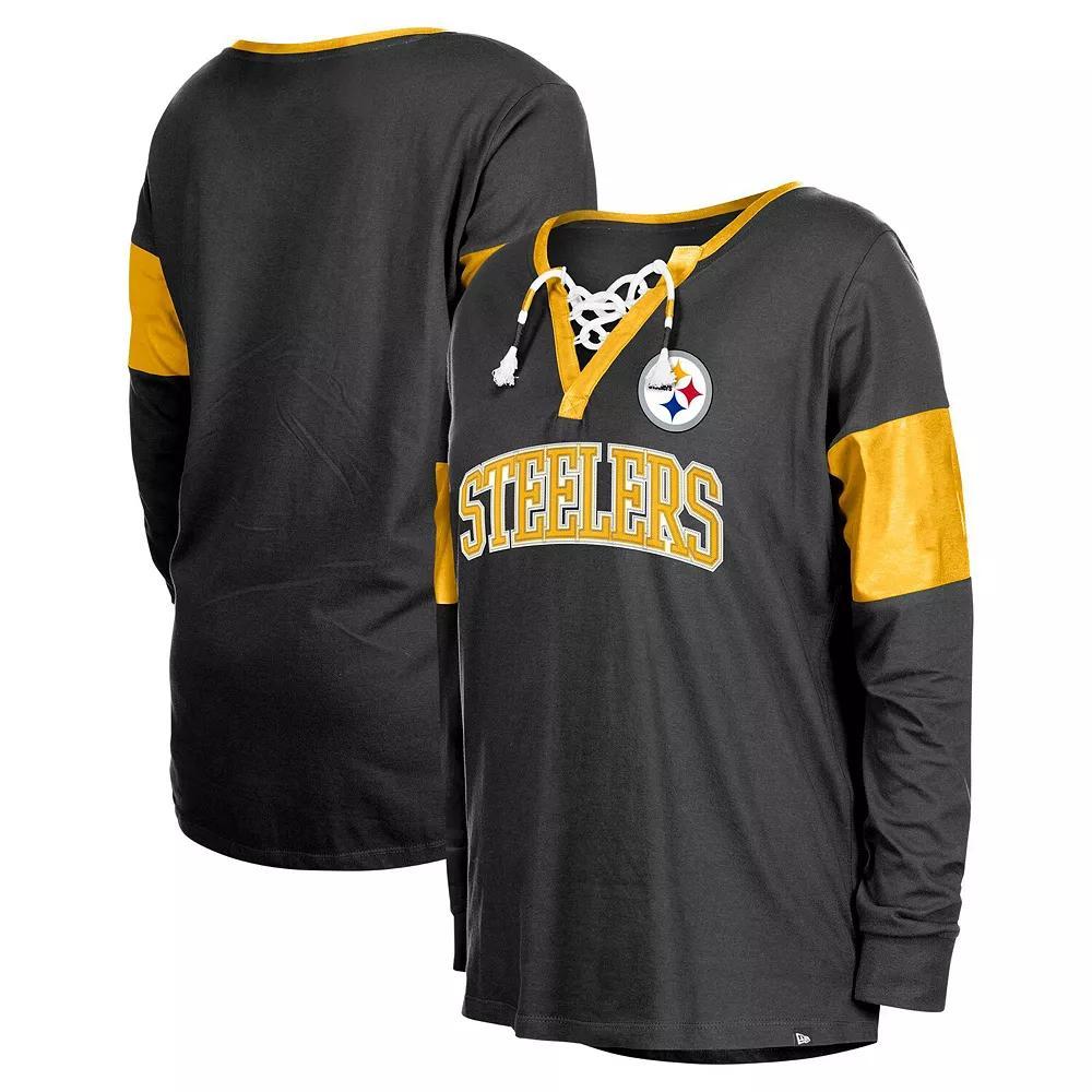 Women's New Era Black Pittsburgh Steelers Lace-Up Notch-Neck Long Sleeve T-Shirt, Size: XL Product Image