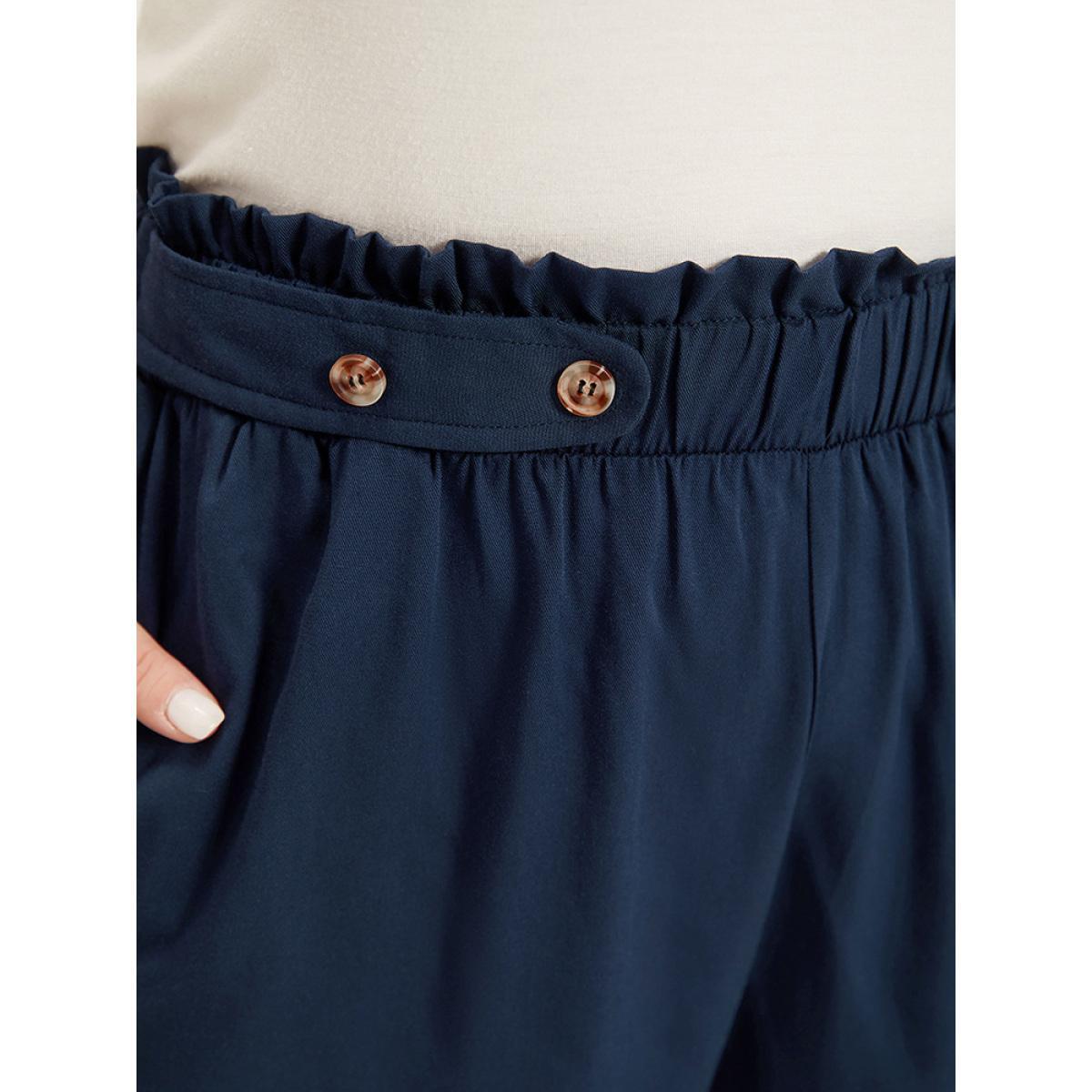 Plus Size Plain Pocket Paperbag Waist Button Detail Pants Women Indigo Elegant Straight Leg High Rise Dailywear Pants BloomChic 22-24/3X Product Image