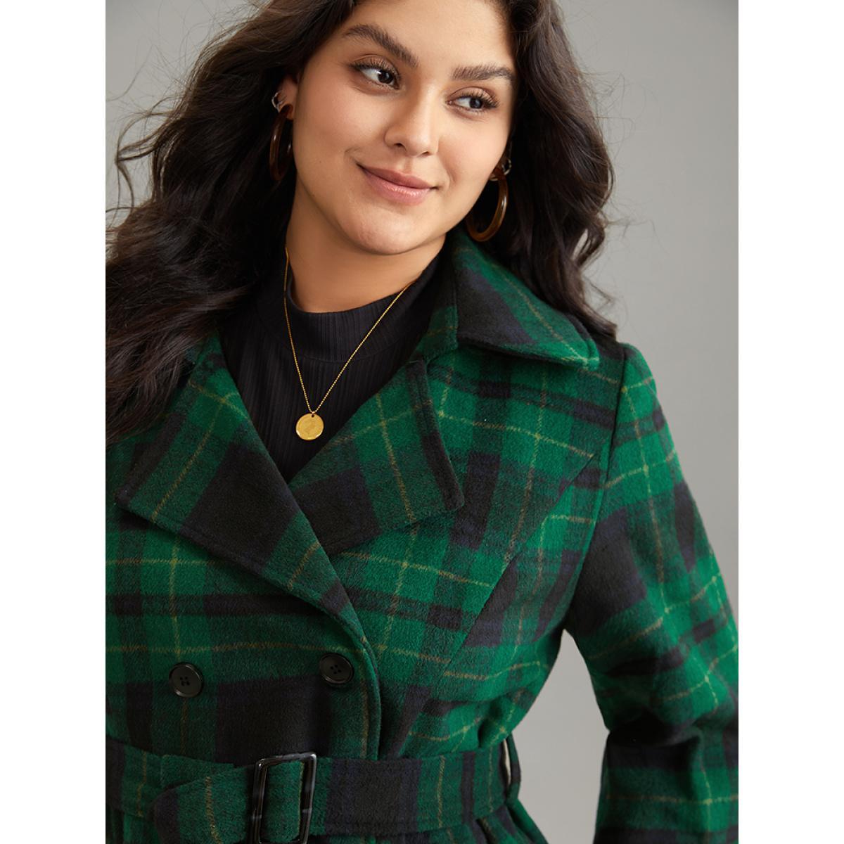 Plus Size Double Breasted Lapel Collar Pocket Belted Jacket Women DarkGreen Belted Pocket Belt Dailywear Jackets BloomChic 10/M Product Image