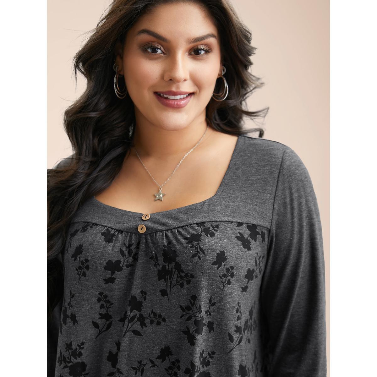 Plus Size Floral Spliced Heart Neckline Gathered T-Shirt DimGray Women Casual Gathered Heart neckline Everyday T-shirts BloomChic 14-16/1X Product Image