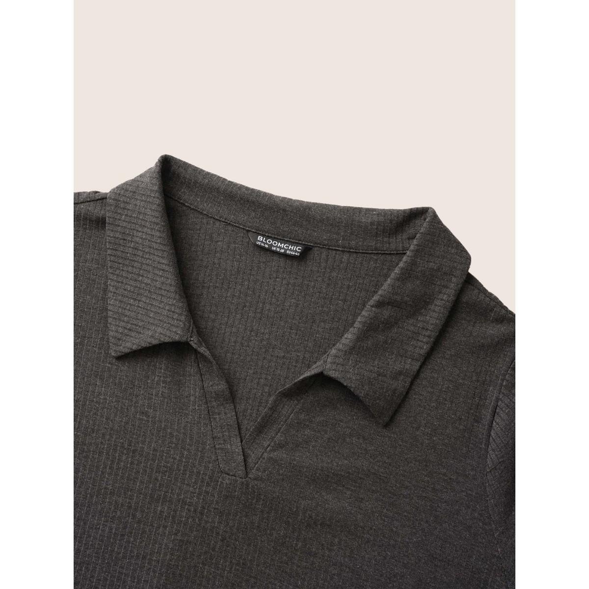 Plus Size Plain Lapel Collar Rib Knit T-shirt DimGray Women Casual Non Plain Lapel Collar Everyday T-shirts BloomChic 26/4X Product Image