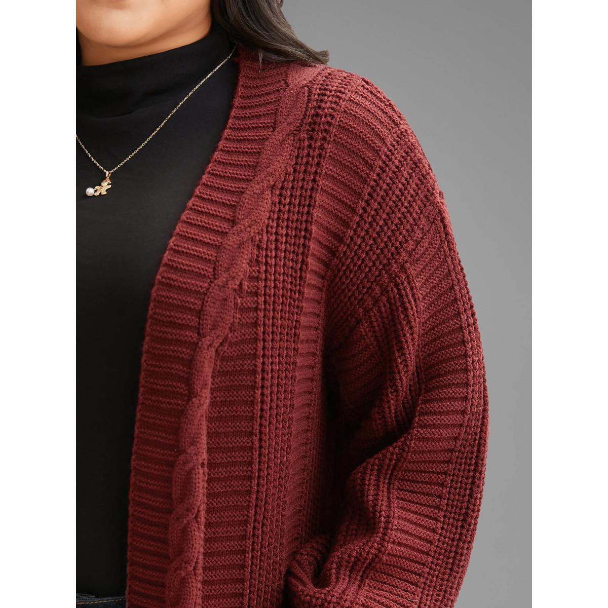 Plus Size Cable Knit Ribbed Detailing Open Front Cardigan Deepred Women Casual Loose Long Sleeve Everyday Cardigans BloomChic 22-24/3X Product Image