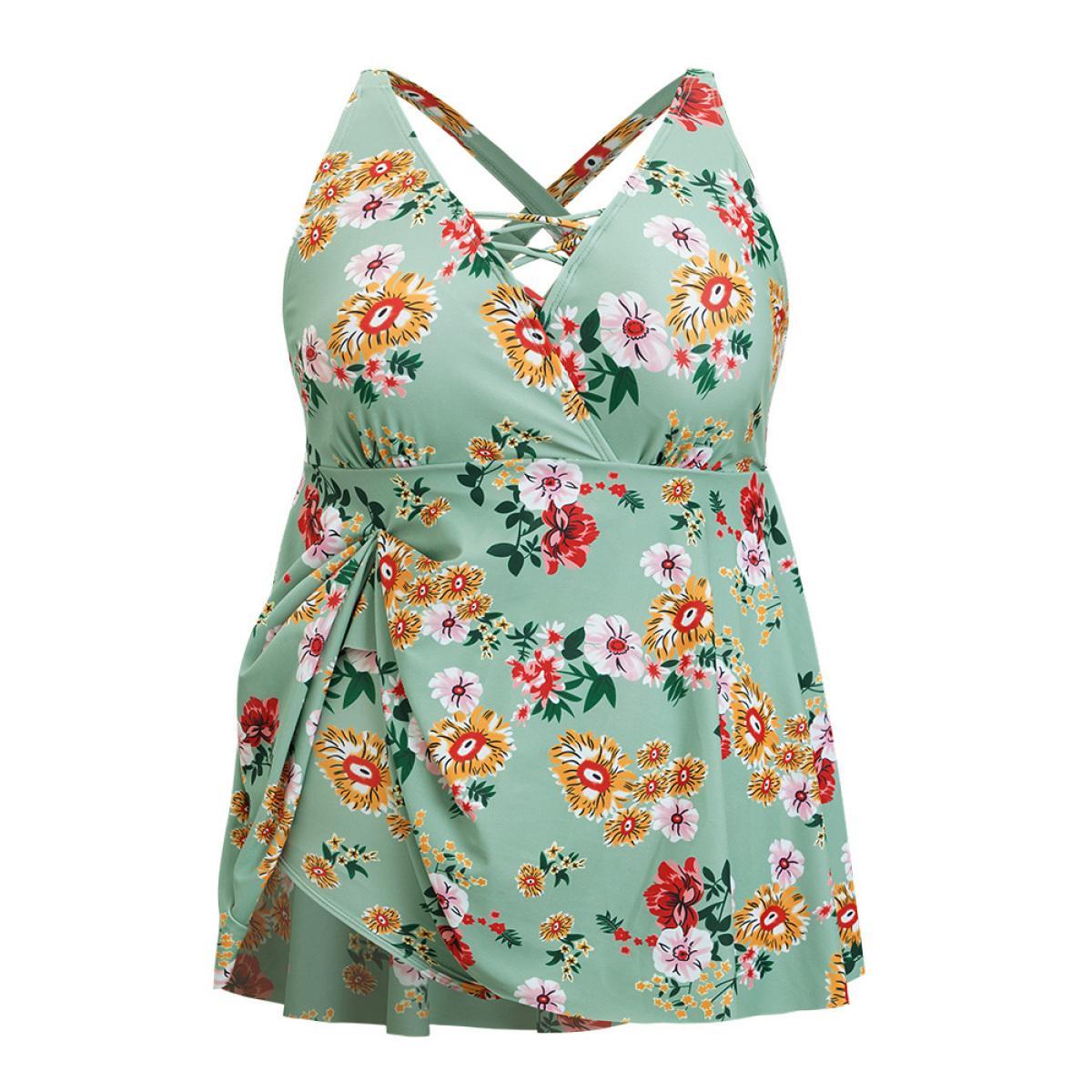 Plus Size Floral Crisscross Surplice Neck Flutter Hem Swim Dress Women's Swimwear Mint Vacation Bodycon V-neck High stretch Curve Swim Dresses BloomChic 10/M Product Image