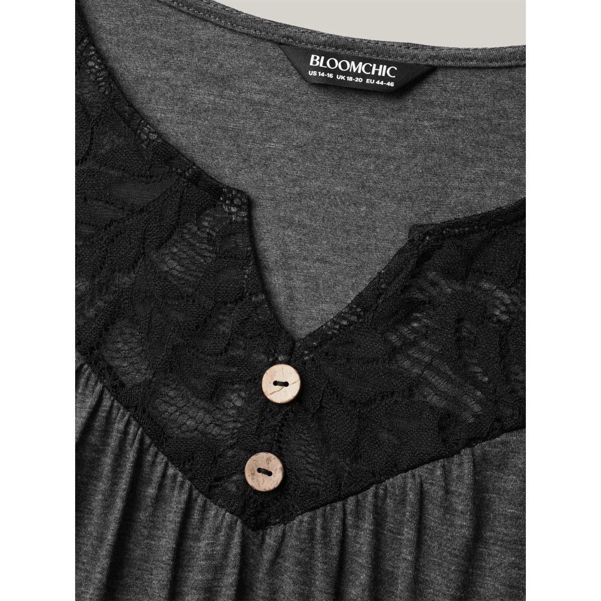 Plus Size Lace Neck Buttons Pleated T-Shirt DimGray Women Elegant Gathered Notched collar Everyday T-shirts BloomChic 30/6X Product Image
