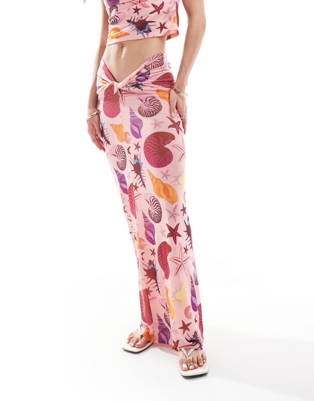 Vero Moda mesh maxi skirt in pink shell print - part of a set Product Image