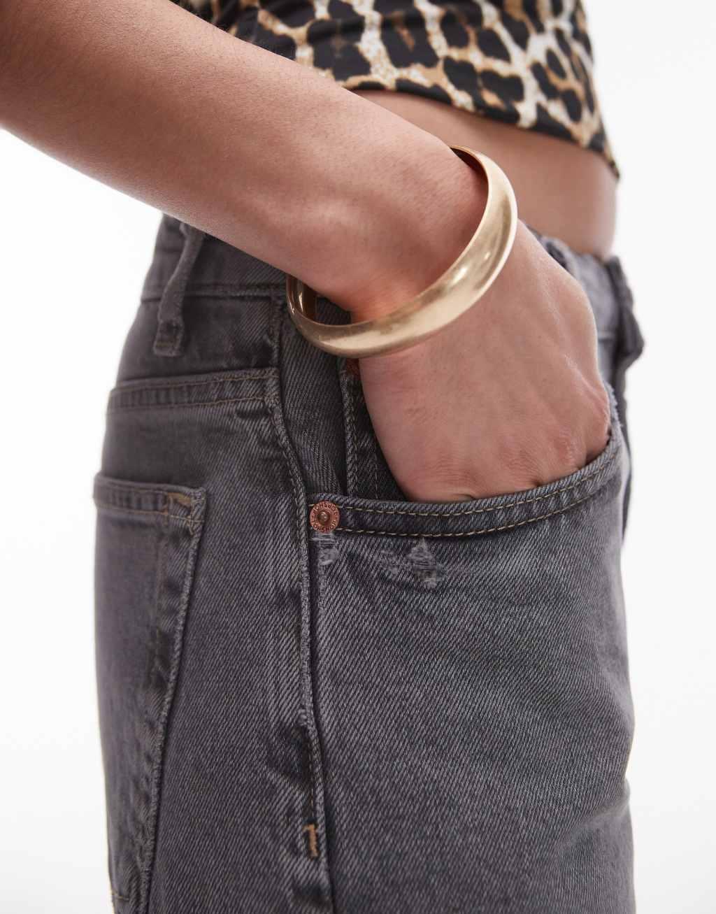 Topshop cropped mid rise straight jeans with raw hems in gray  Product Image
