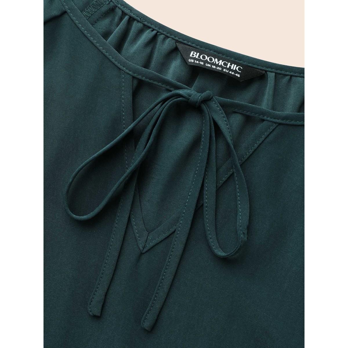 Plus Size DarkGreen Broderie Anglaise Gathered Tie Knot Blouse Women Elegant Elbow-length sleeve V-neck Everyday Blouses BloomChic 30/6X Product Image