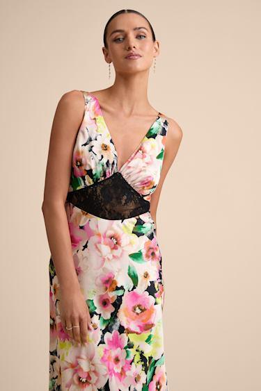 Solaina Pink and Black Multi Floral Satin Lace Maxi Dress Product Image