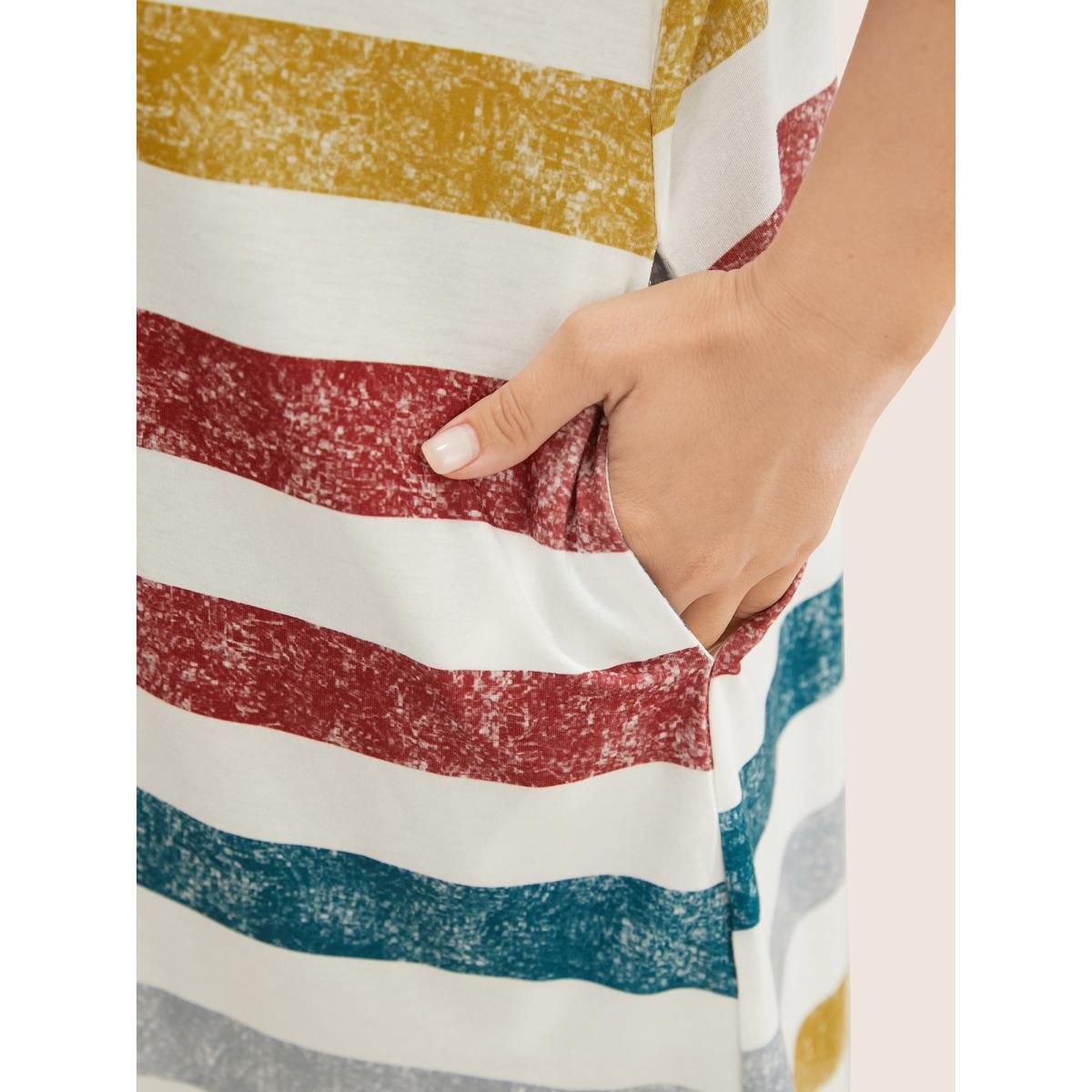 Plus Size Striped Contrast Arc Hem V Neck Pocket Dress Multicolor Women Casual Non V-neck Short sleeve Curvy Midi Dress BloomChic 14-16/1X Product Image