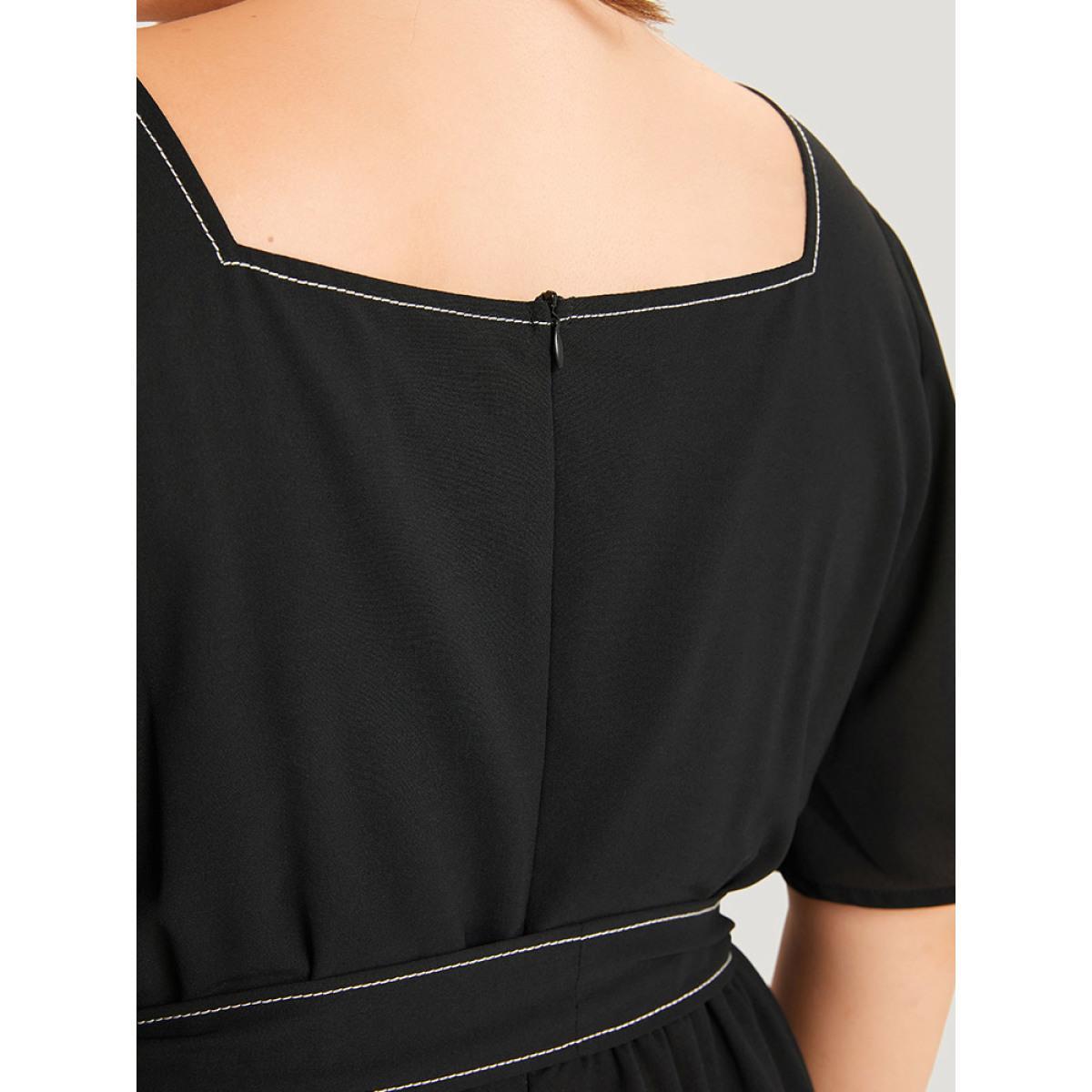 Plus Size Black Contrast Stitch Pocket Button Detail Belted Zipper Jumpsuit Women Office Short sleeve Square Neck Work Loose Jumpsuits BloomChic 12/L Product Image