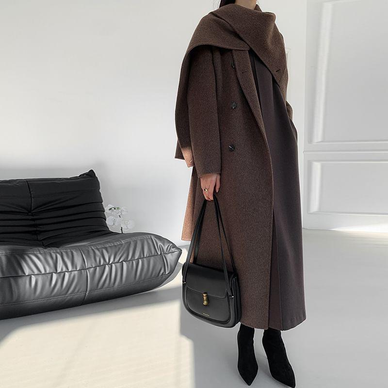 Scarf Neck Plain Midi Button Tie Front Coat Product Image