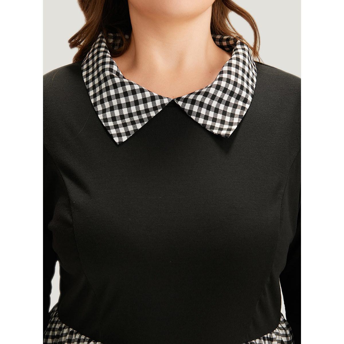 Plus Size Gingham Patchwork Pocket Shirt Collar Dress Black Women Office Patchwork Shirt collar Long Sleeve Curvy Midi Dress BloomChic 10/M Product Image