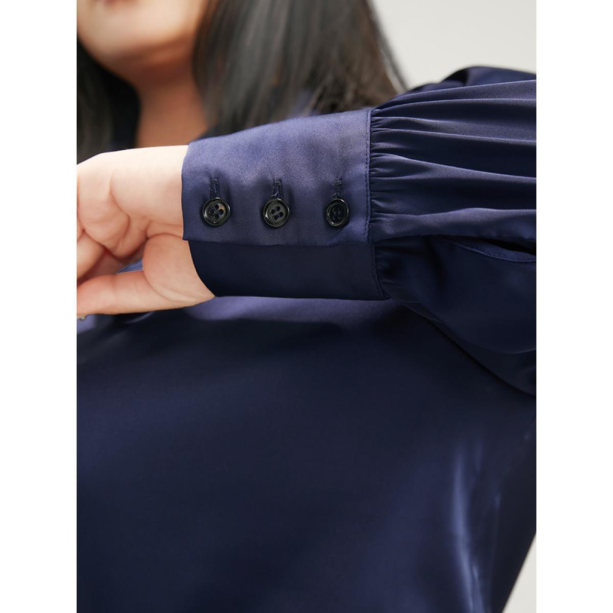 Plus Size Indigo Solid Knotted V Neck Satin Blouse Women Office Long Sleeve Tie Neck Work Blouses BloomChic 30/6X Product Image