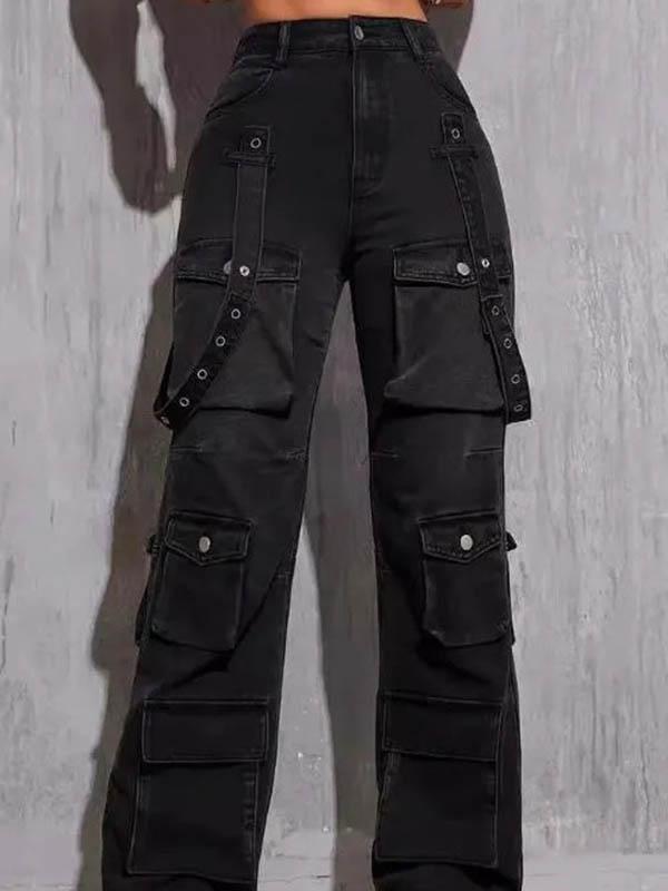 High Waisted Buttoned Pockets Solid Color Jean Pants Bottoms Trousers Product Image