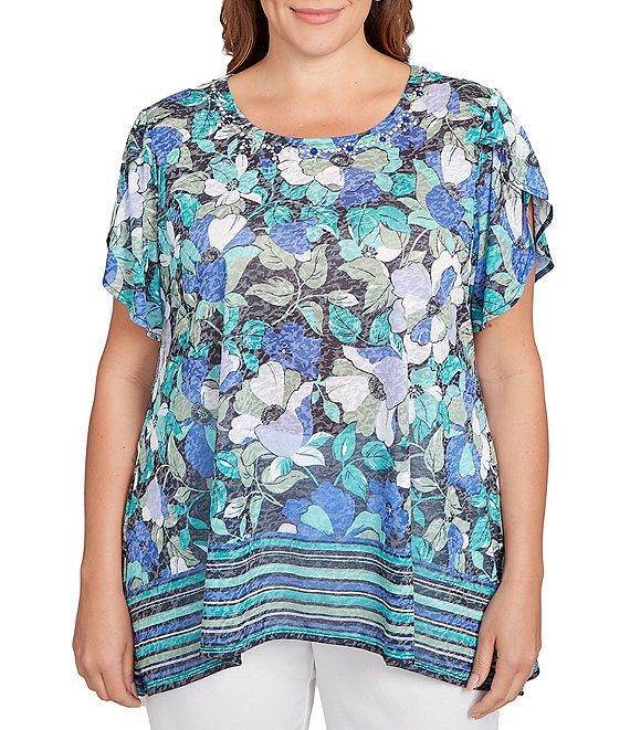 Ruby Rd. Plus Size Jersey Knit Floral Stripe Border Print Round Neck Short Sleeve Sharkbite Hem Top Product Image
