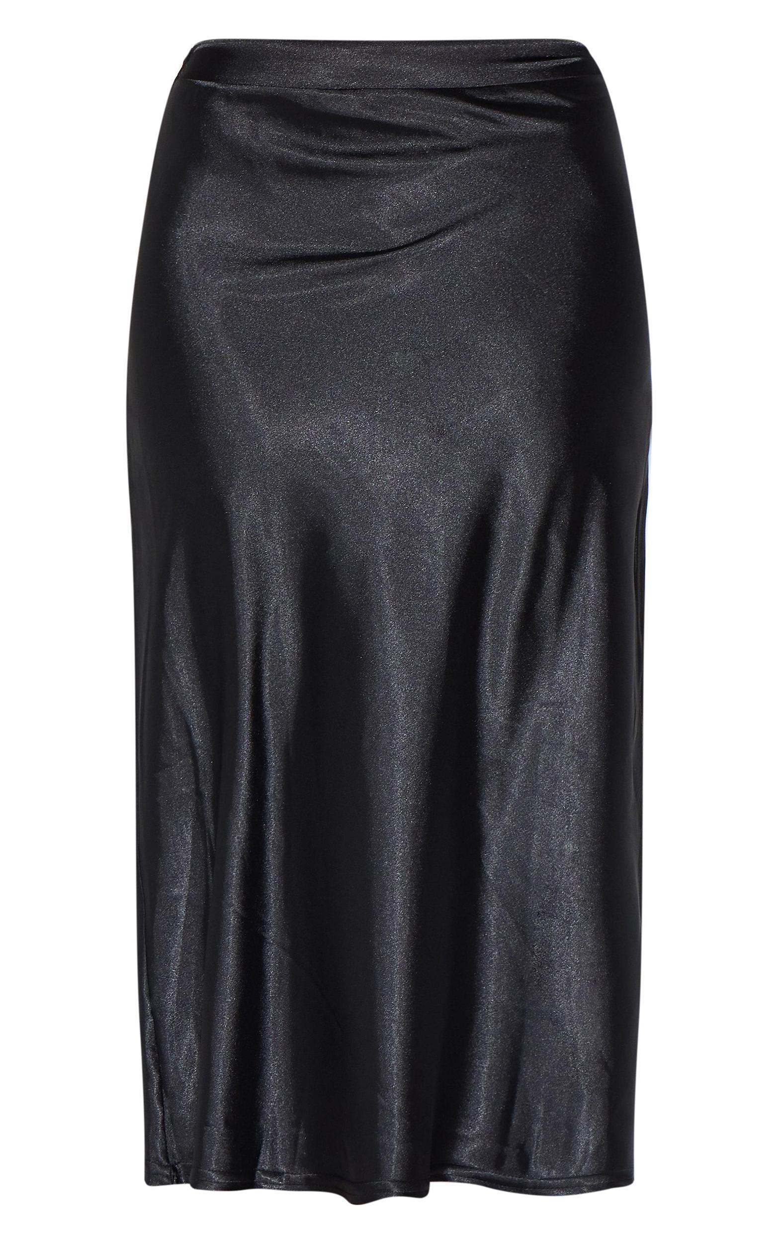 Black Satin Bias Cut Midi Skirt Product Image