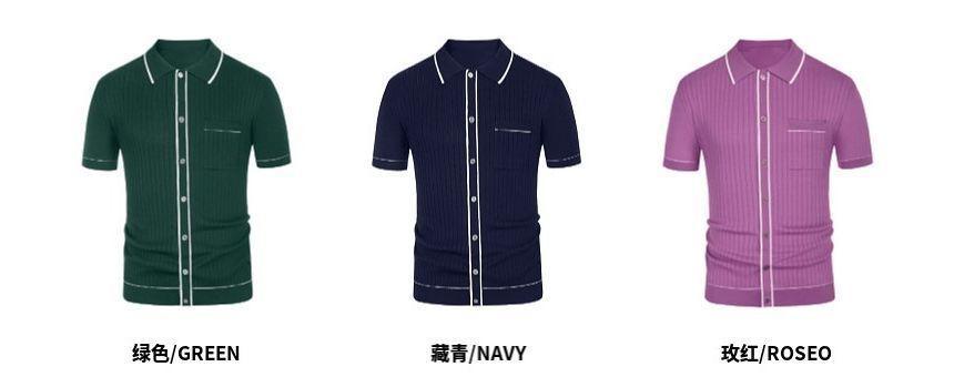 Short-Sleeve Contrast Trim Ribbed Knit Polo Shirt Product Image