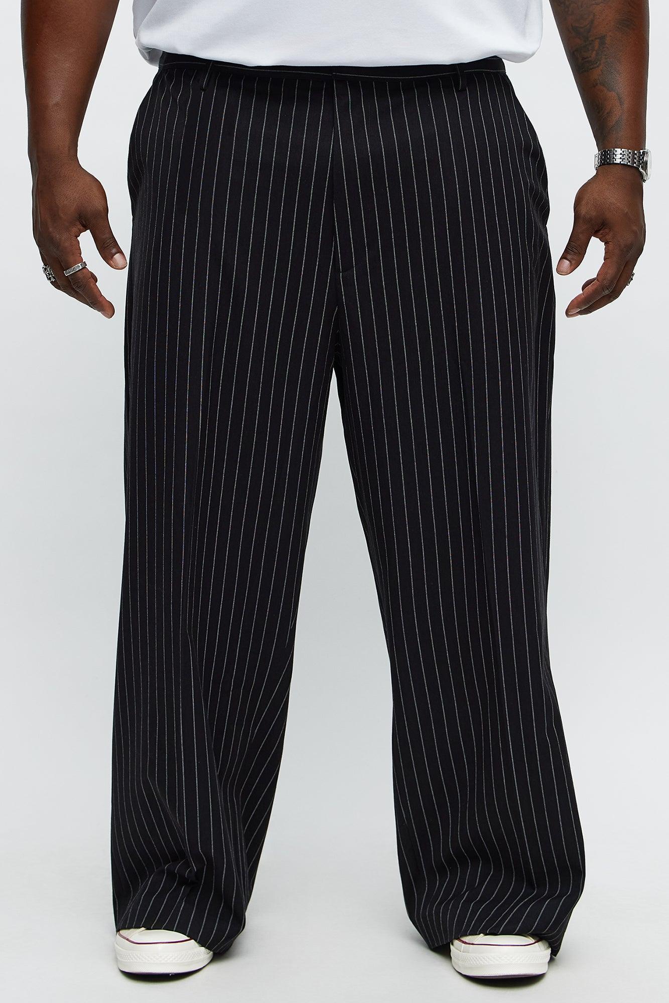 Wide Leg Straight Striped Trousers - Black Product Image