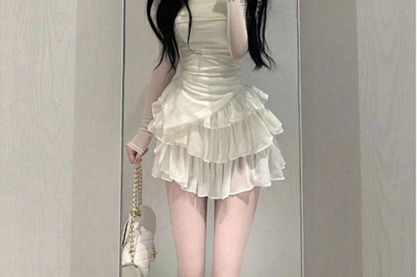 Long-Sleeve Off Shoulder Plain Top / Mini Tiered Skirt Product Image