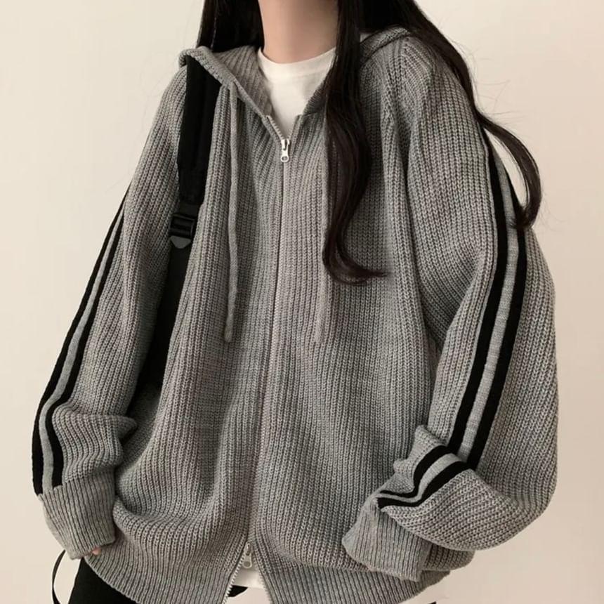 Striped Hooded Oversized Zip Cardigan Product Image