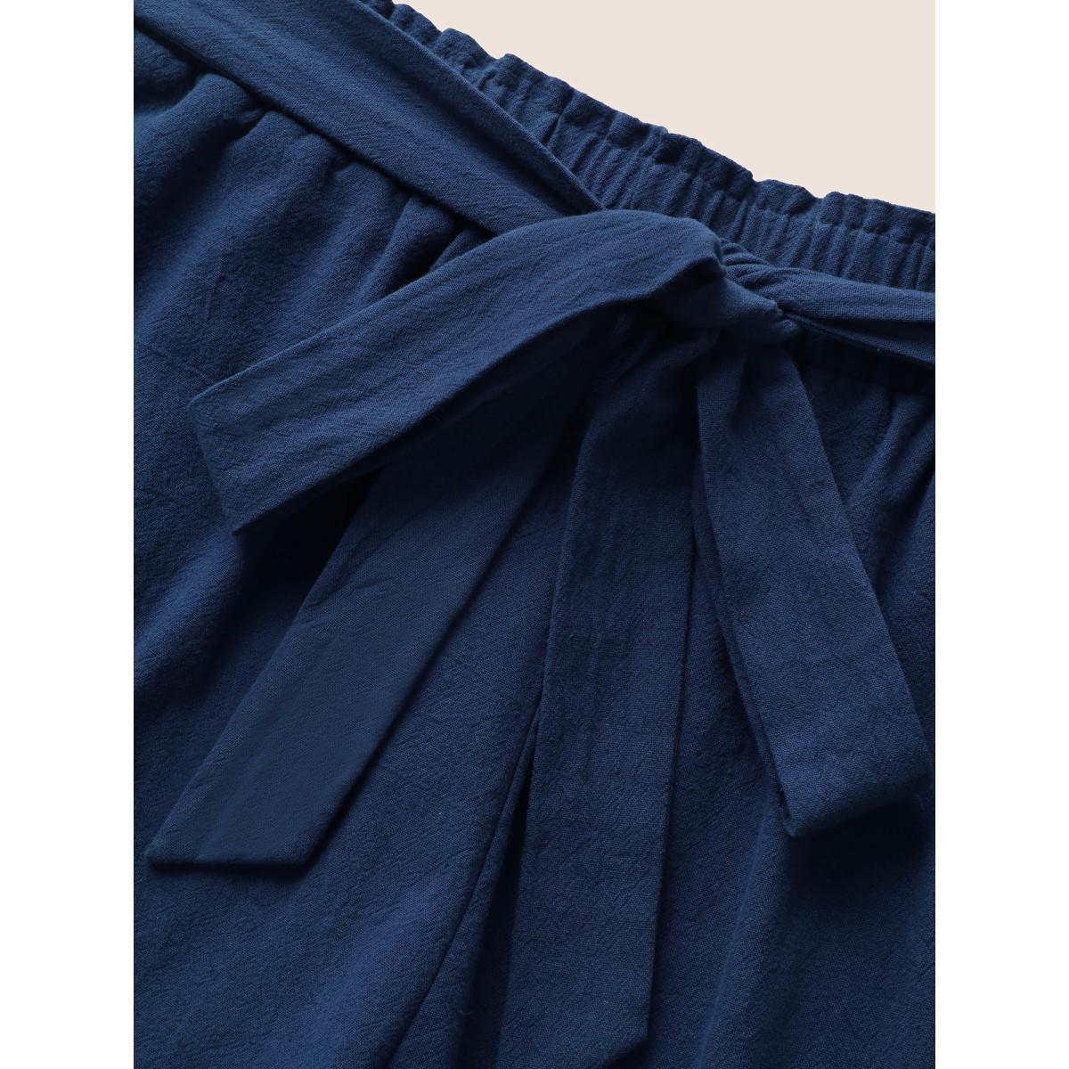 Plus Size Paperbag Waist Tie Knot Roll Hem Shorts Women DarkBlue Elegant Tie knot Wide Leg Everyday Shorts BloomChic 14-16/1X Product Image