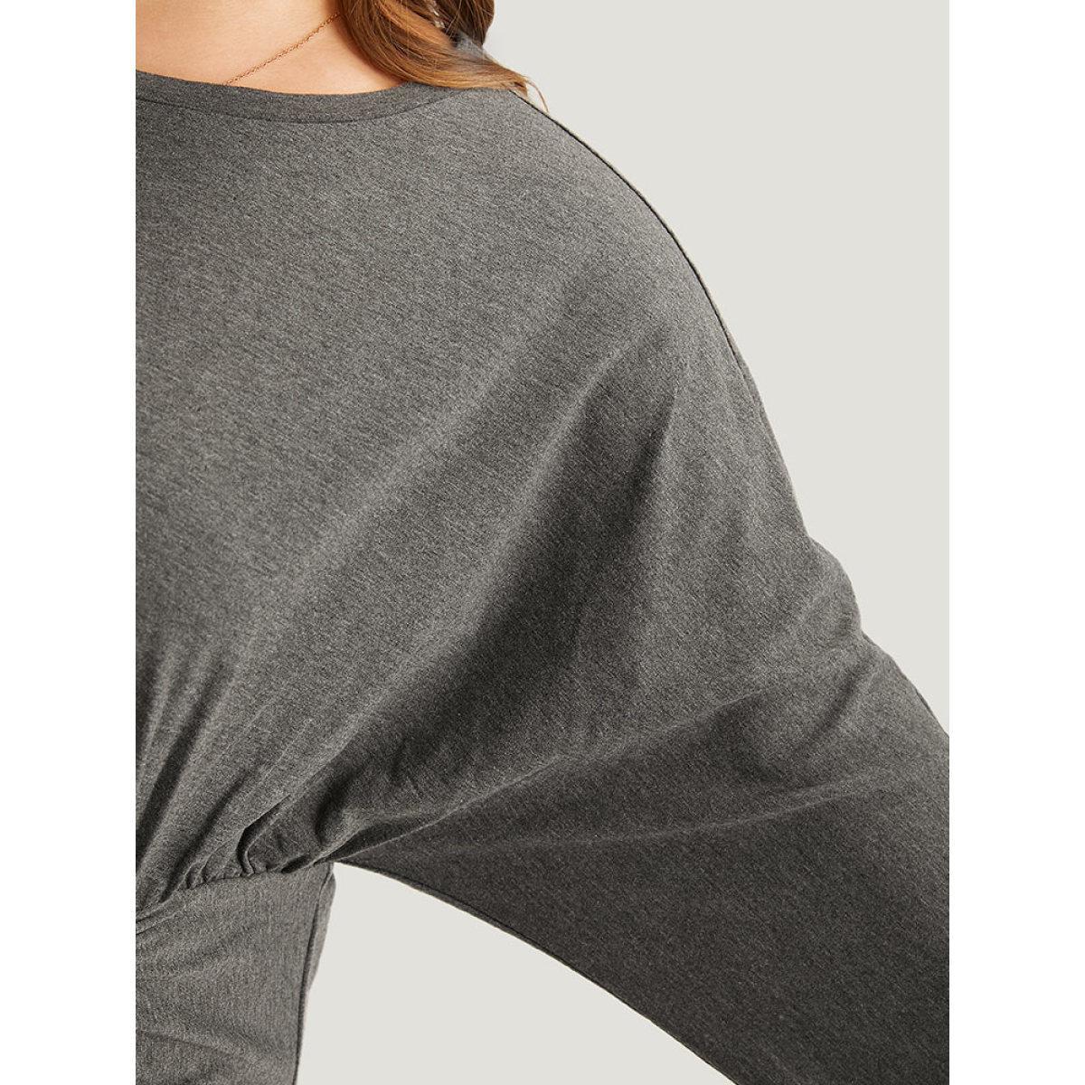 Plus Size Split Hem Drawstring Batwing Sleeve Dress DimGray Women Casual Plain Round Neck Elbow-length sleeve Curvy Midi Dress BloomChic 14-16/1X Product Image
