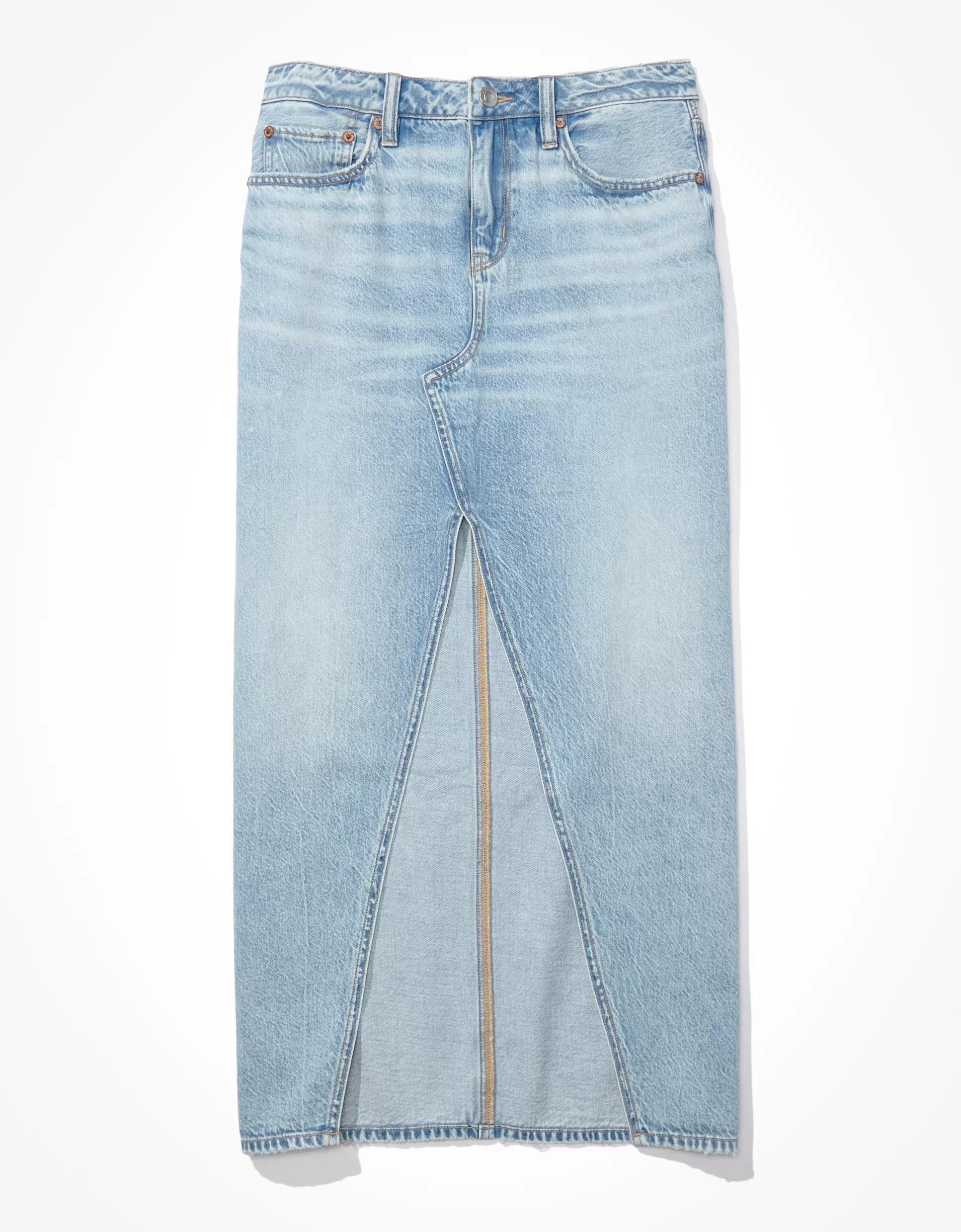 AE Dreamy Drape Low-Rise Denim Maxi Skirt Product Image
