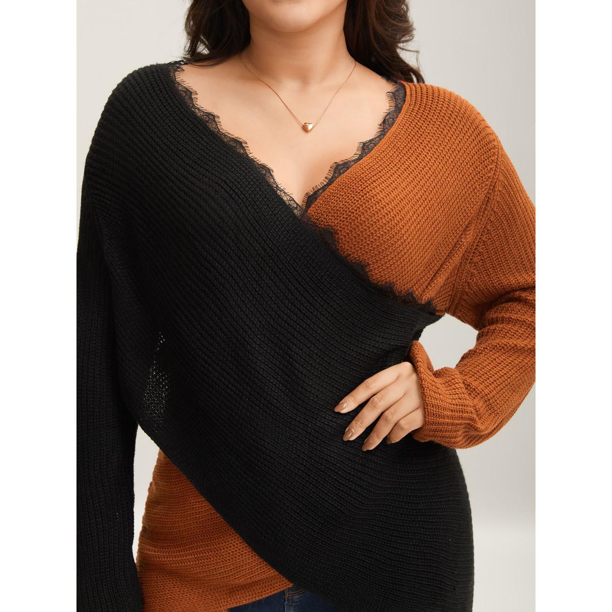 Plus Size Colorblock Contrast Pointelle Knit Lace Crisscross Knit Top Chocolate Women Elegant Loose Long Sleeve Deep V-neck Dailywear Pullovers BloomChic 28/5X Product Image