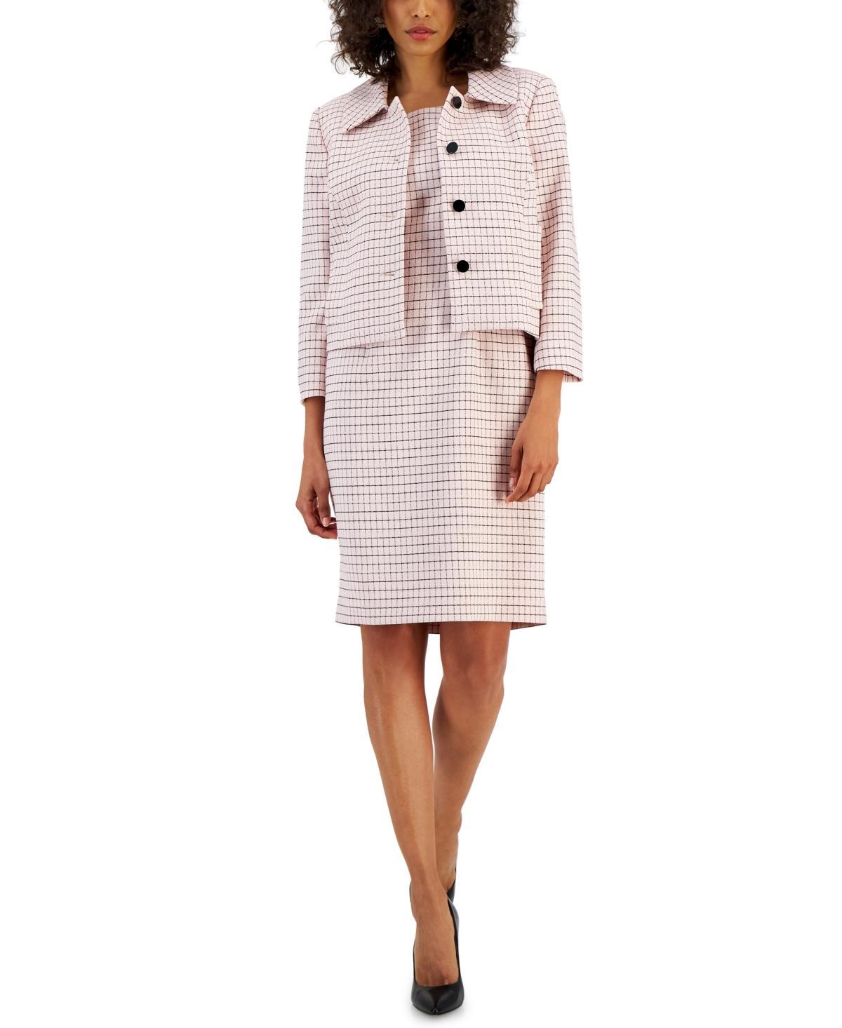 Nipon Boutique Womens Checkered Button-Front Jacket & Sheath Dress Suit - Vanilla Ice Product Image