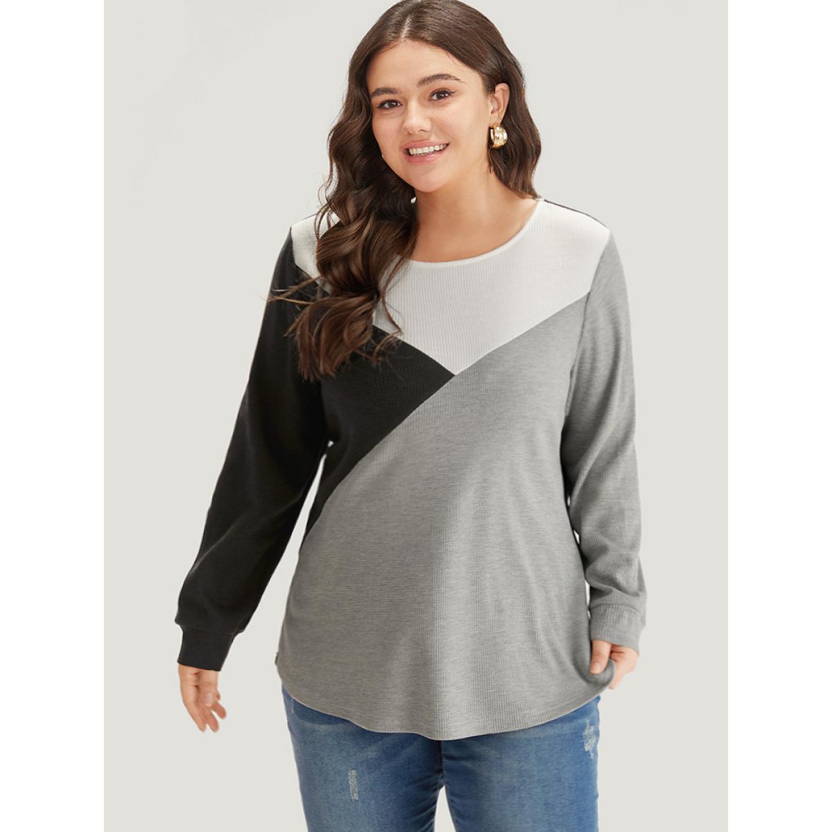 Plus Size Colorblock Contrast Crew Neck Long Sleeve T-shirt Multicolor Women Casual Elastic cuffs Plain Round Neck Dailywear T-shirts BloomChic 14-16/1X Product Image