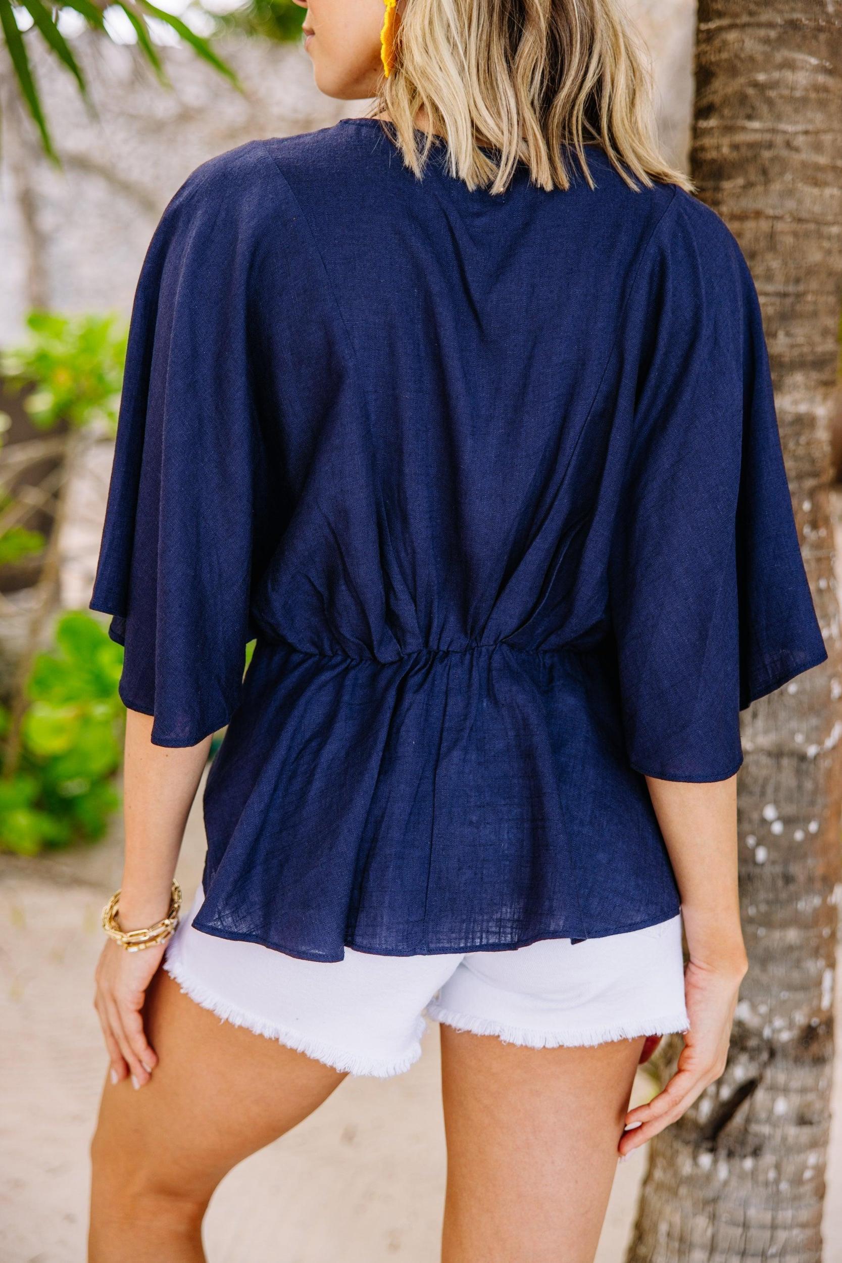 Tell Me Everything Navy Blue Peplum Linen Top Female Product Image