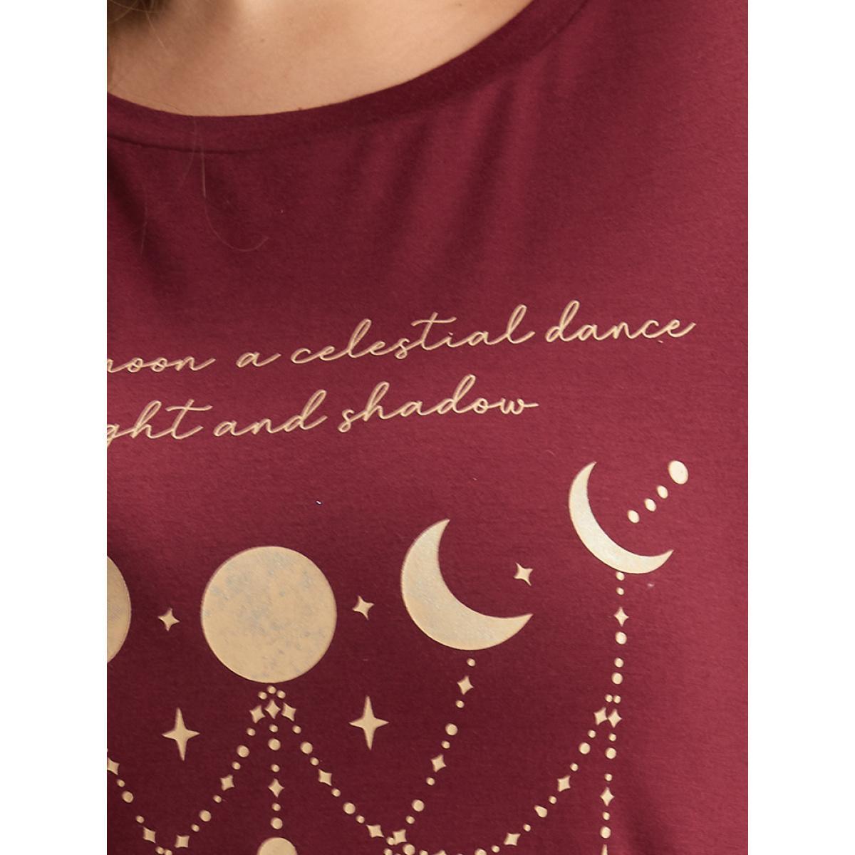 Plus Size Moon & Star Print Round Neck T-shirt Burgundy Women Casual Printed Star and moon Dailywear T-shirts BloomChic 14-16/1X Product Image