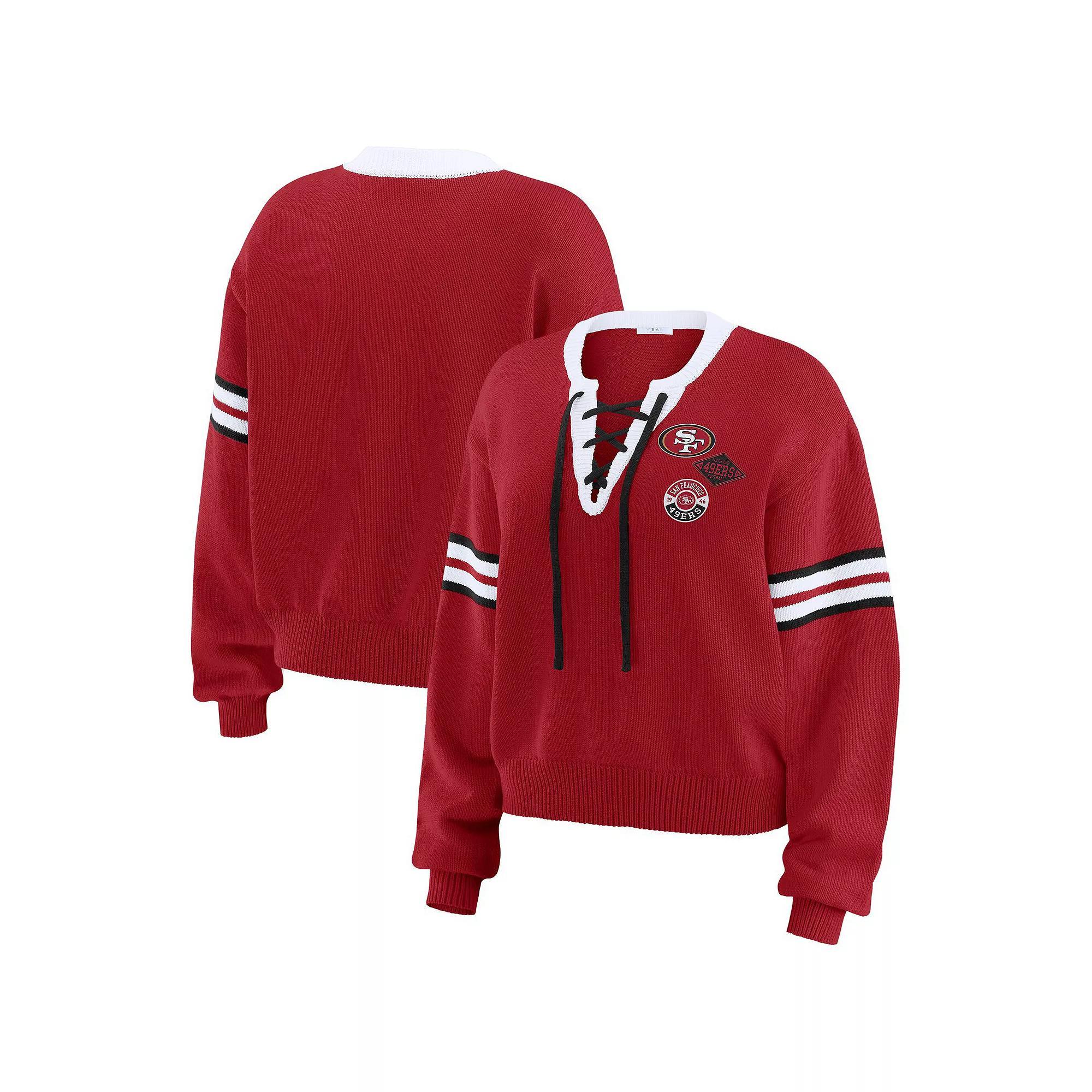 Women's WEAR by Erin Andrews  Red Chicago Blackhawks Cropped Lace-Up Sweater, Size: Small Product Image